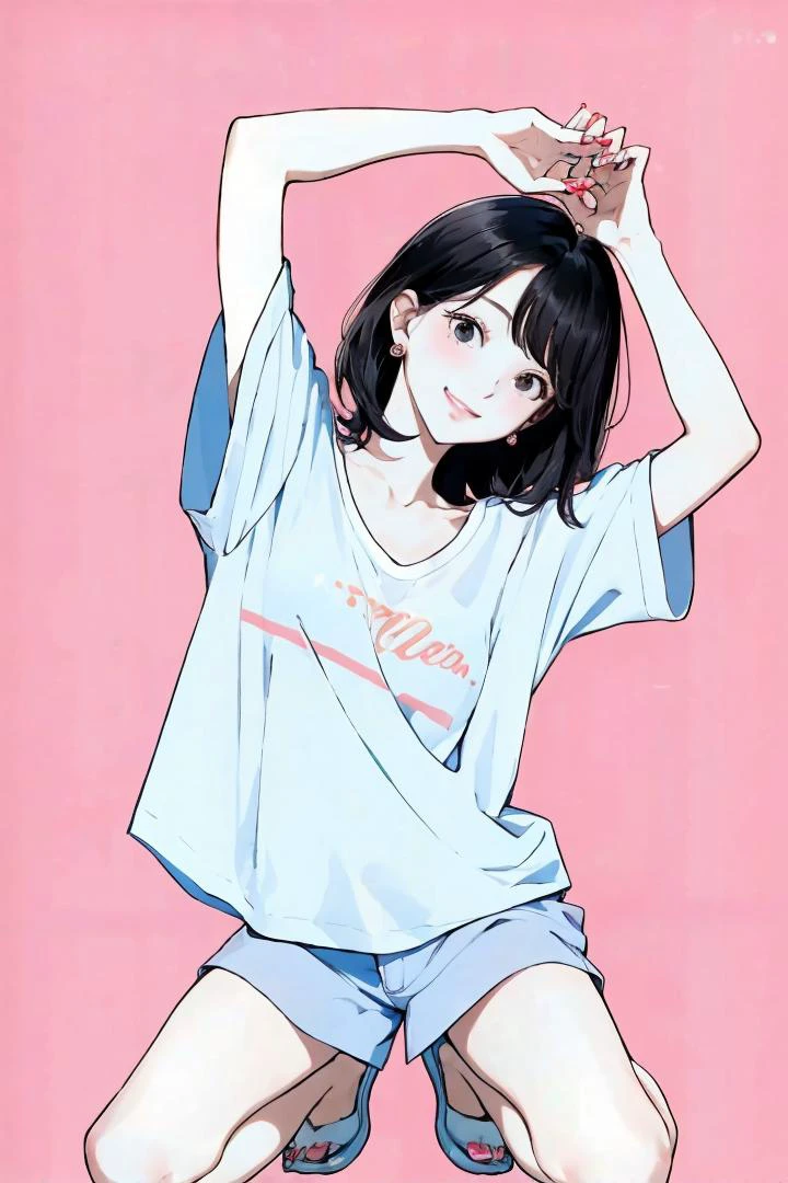 (masterpiece:1.1), best quality, vivid, Sweet girl portrait,
1girl, solo, small earrings, bangs, medium hair, rose, nail polish, peach nails, medium breast, sexual appeal, High contrast, full body, black hair, short hair, looking at viewer, cleavage, smirk, <lora:background_waterpark-10:0.8>, waterpark, <lora:makina69_tzuyu_v1.0:0.8>, arms up, <lora:Concept_Oversized:0.8>, shirt, white shirt, collarbone, short sleeves, t-shirt, oversized shirt, bra