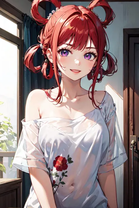 4K, detail,Red hair,Large Breasts, beautiful, beautiful face.(8K, Raw.photo, best quality, masterpiece:1.2), (realistically, photograph realistic: 1.4), Ultra-high resolution.photorealistic:.1.4,Ultra high quality，lipstick，Smile，Face red