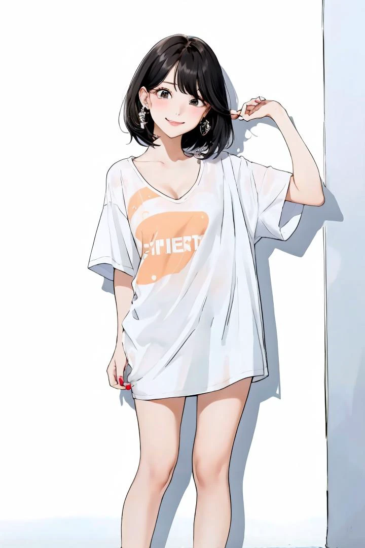 (masterpiece:1.1), best quality, vivid, Sweet girl portrait,
1girl, solo, small earrings, bangs, medium hair, rose, nail polish, peach nails, medium breast, sexual appeal, High contrast, full body, black hair, short hair, looking at viewer, cleavage, smirk, <lora:background_waterpark-10:0.8>, waterpark, <lora:makina69_tzuyu_v1.0:0.8>, hands up, <lora:Concept_Oversized:0.8>, shirt, white shirt, collarbone, short sleeves, t-shirt, oversized shirt, bra,