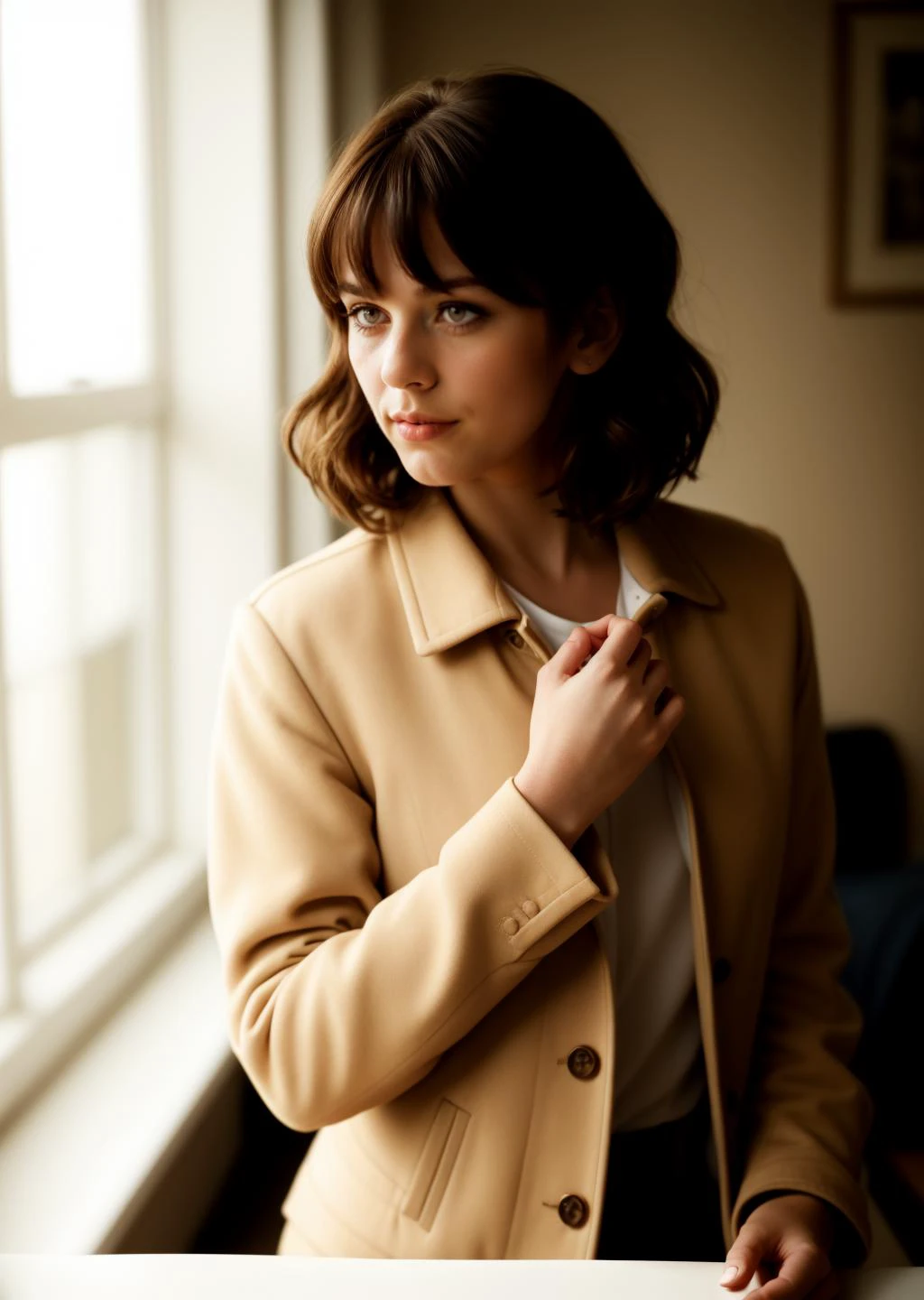 1girl, bangs, blurry, blurry background, brown hair, depth of field, indoors, lips, looking at viewer, photorealistic, realistic, short hair, solo, upper body, long sleeves, serious, facing viewer, (nose:1.5), wavy hair, open coat, undershirt,
masterpiece, best quality, cinematic photo {prompt} . 35mm photograph, film, bokeh, professional, 4k, highly detailed, <lora:epiCRealismHelper:1> <lora:epiC35mm:1> epiC35mm <lora:add_sharpness:1> <lora:backlight_slider_v10:-0.5> <lora:contrast_slider_v10:2>, high contrast,