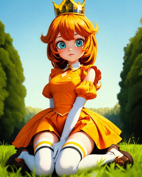 masterpiece,best quality, 1girl, cowboy shot, yellow top with puffed sleeves and an orange skirt, white gloves, yellow shoes, and a crown with orange detailing, bangs, grass, in a field, thighhighs, 
 <lora:filmgrain_slider_v1:4> More Grainy,  <lora:backlight_slider_v10:1.5>