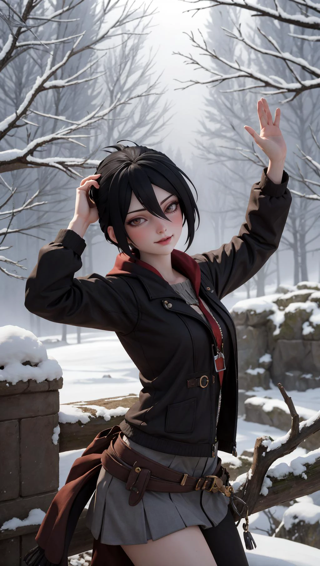 <lora:MorriganDA:0.67>, 1girl, bare tree, black hair, branch, bare tree, forest, in tree, nature, outdoors, snow, solo, tree, winter, horizon, fog, pose, light smile,
masterpiece, best quality, digital art, 3d, 3d background, <lora:backlight_slider_v10:-1>