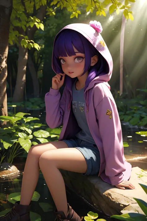 1girl, long sleeves, makeup, shorts, solo, standing, purple hair, bangs, amber eyes, day, (dappled sunlight:1.5), long sleeves, hooded coat, upper body, wetland, printed shirt, tree, dark background, carnivorous plant, knees up, sitting,
masterpiece, best quality, digital art, 3d, 3dcg, 3d background, intricate detail, high polygon, <lora:add_sharpness:1> <lora:backlight_slider_v10:-2>