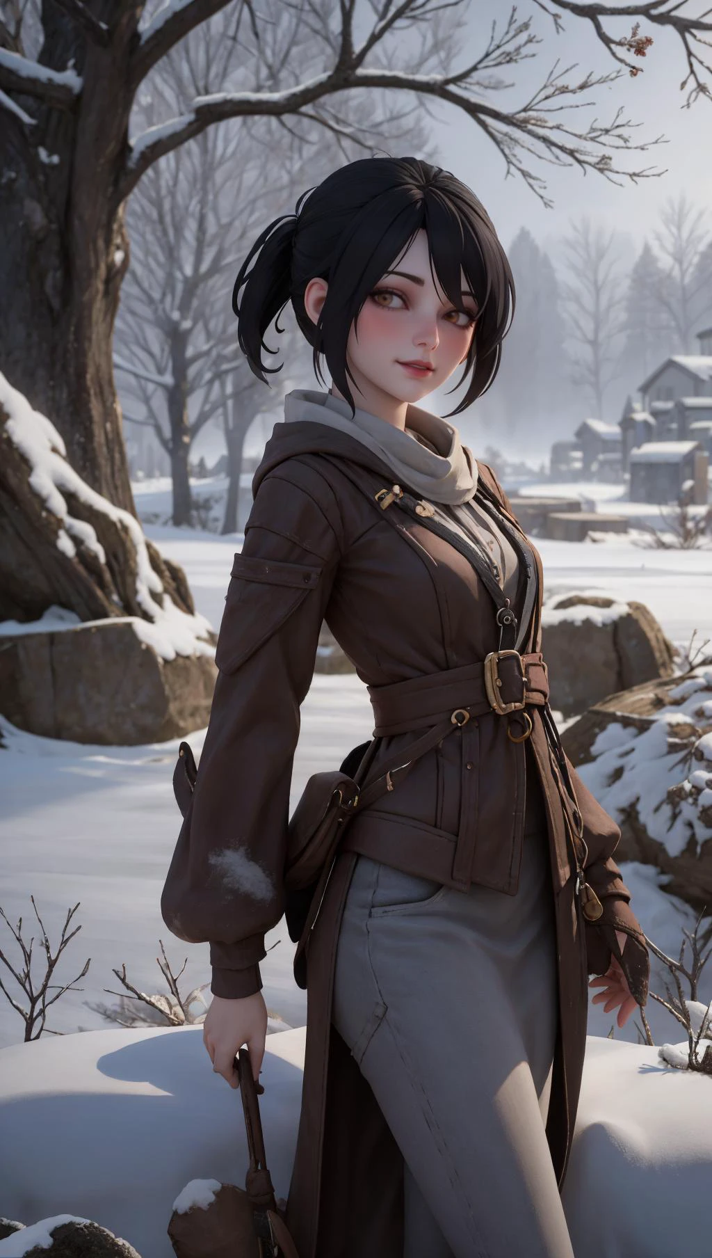 <lora:MorriganDA:0.67>, 1girl, bare tree, black hair, branch, bare tree, forest, in tree, nature, outdoors, snow, solo, tree, winter, horizon, fog, pose, light smile,
masterpiece, best quality, digital art, 3d, 3d background, <lora:backlight_slider_v10:-1>