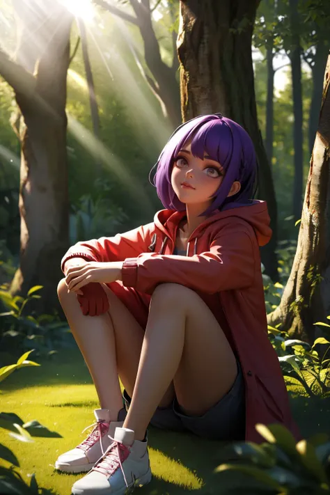 1girl,  long sleeves,  makeup, shorts, solo, standing, purple hair, bangs, amber eyes, day, (dappled sunlight:1.5),  long sleeves, hooded coat, upper body, wetland, printed shirt, tree, dark background,  carnivorous plant, on grass, knees up, 
masterpiece, best quality, digital art, 3d, 3dcg, 3d background, intricate detail, high polygon,  <lora:add_sharpness:1> <lora:backlight_slider_v10:-2>