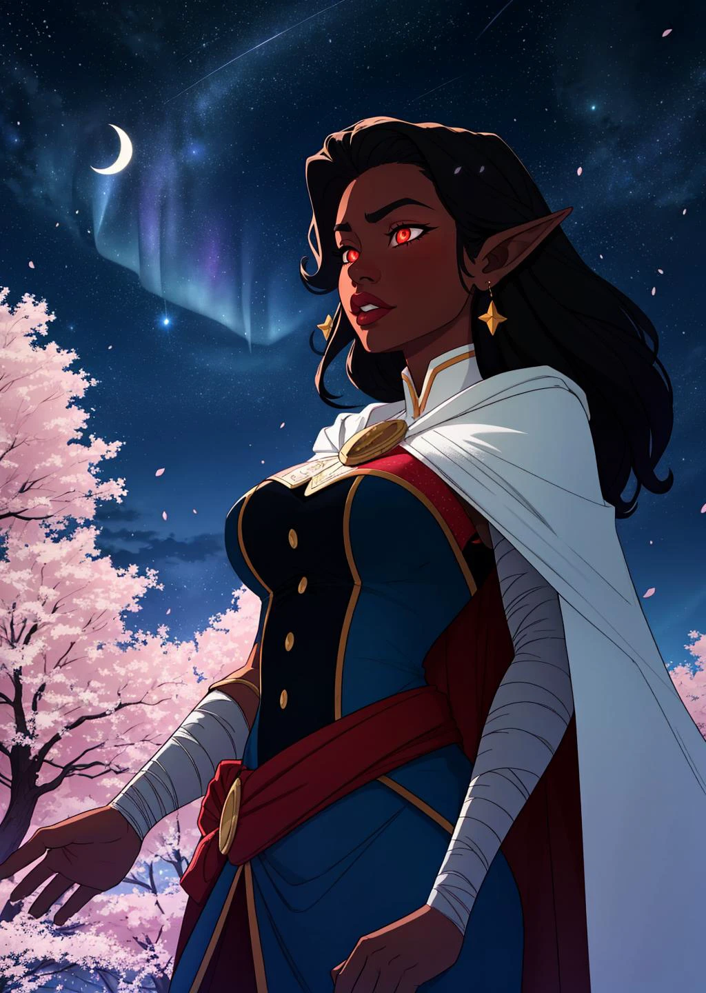 1girl, bandaged arm, bandages, black hair, glowing eyes, breasts, cape, earrings, dark elf, jewelry, long hair, large breasts, pointy ears, solo, dark skin, dark-skinned female,
masterpiece, best quality, digital art, <lora:backlight_slider_v10:-1>
1girl, aurora, cherry blossoms, constellation, crescent moon, galaxy, light particles, milky way, moon, night, night sky, petals, scenery, shooting star, sky, snowing, space, star \(sky\), starry sky, starry sky print, tanabata, tree