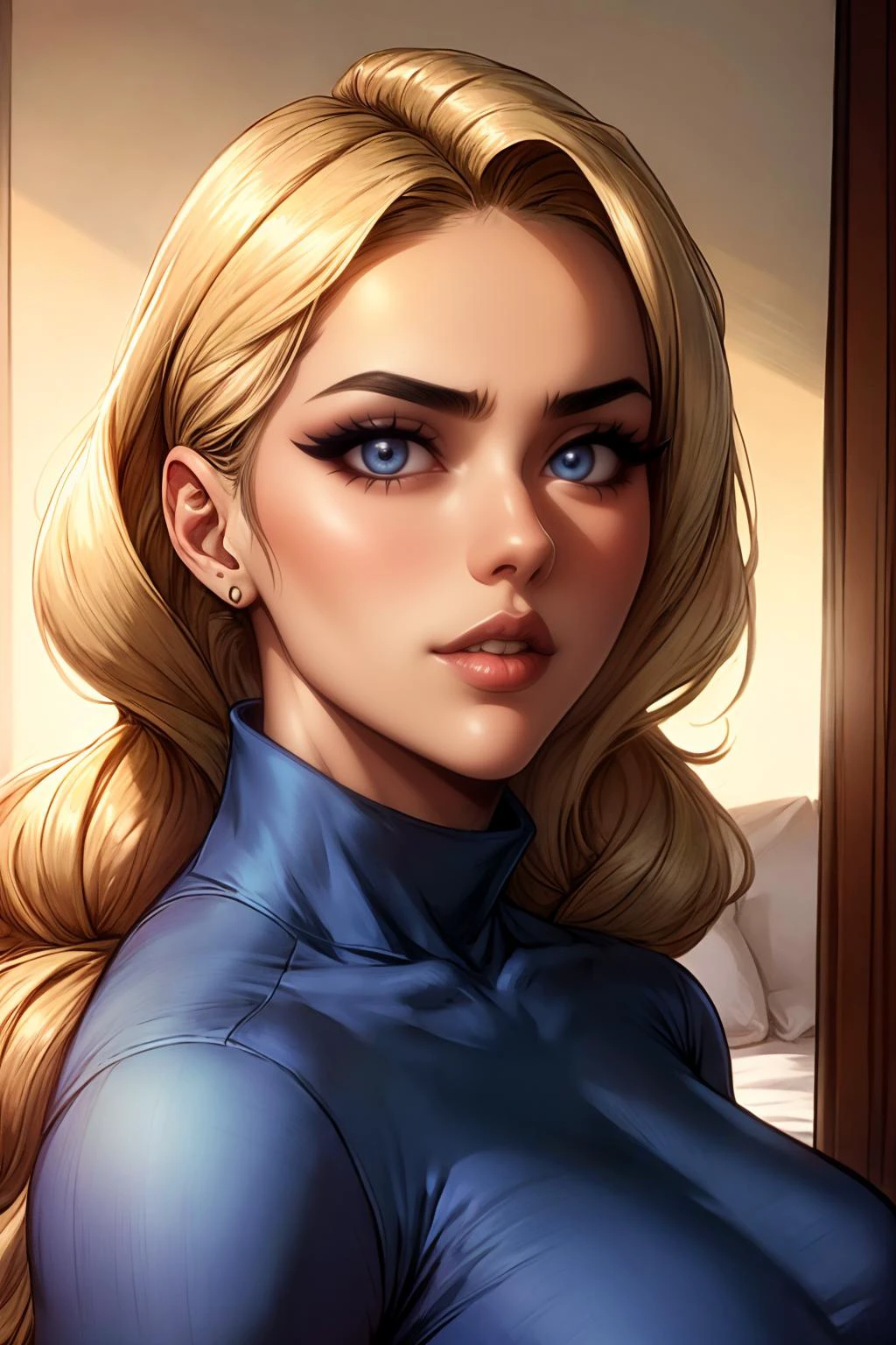 sh3rryf0r31gn, a woman with long blonde hair and blue eyes is posing with a striped shirt on her, turtleneck, Eszter Mattioni, realistic shaded perfect face, on bed,
masterpiece, best quality, highres , <lora:add_sharpness:2>, <lora:add_detail:0.8> <lora:backlight_slider_v10:-1> <lora:contrast_slider_v10:1.5>, high reflection detail,