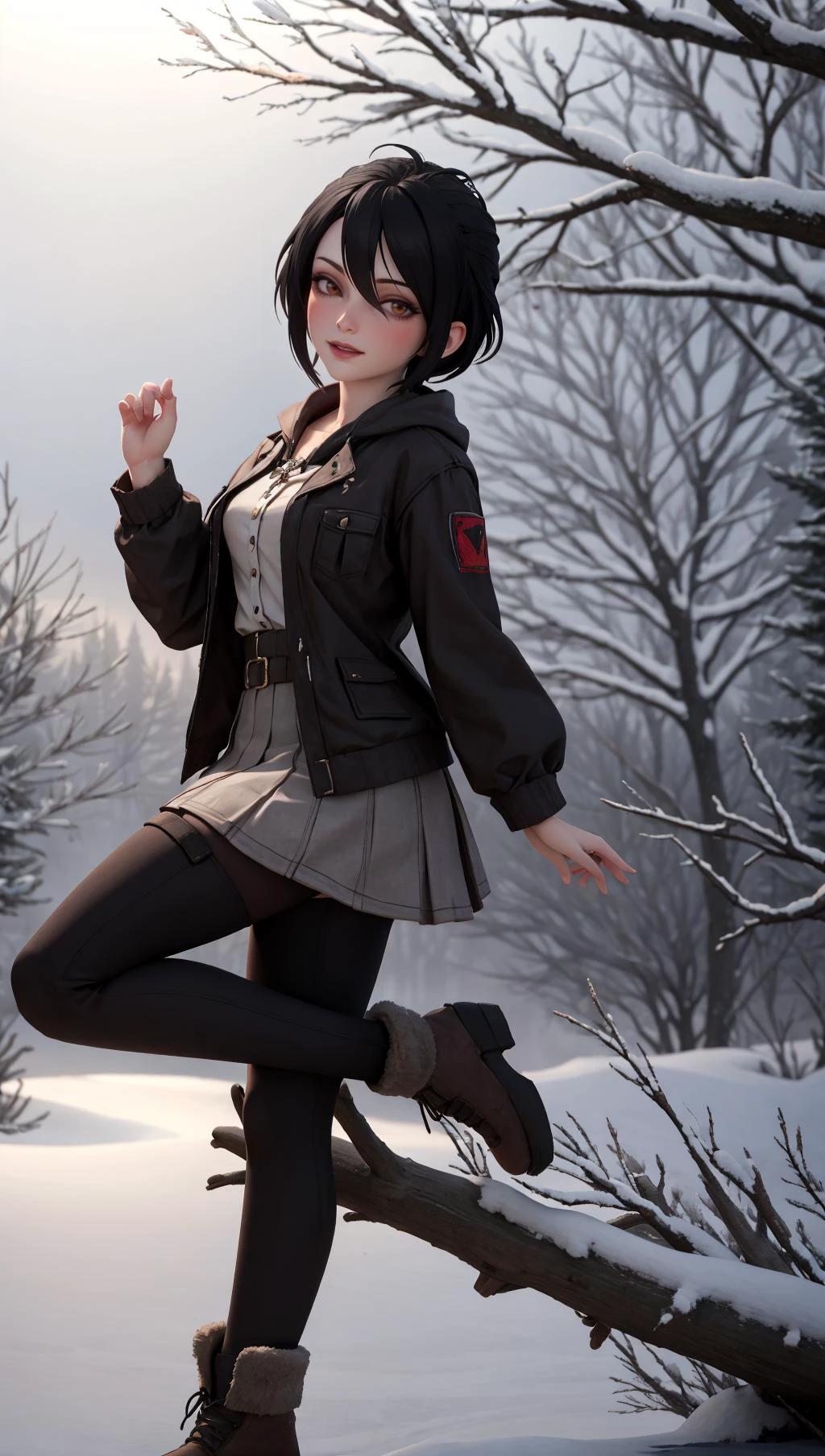 <lora:MorriganDA:0.67>, 1girl, bare tree, black hair, branch, bare tree, forest, in tree, nature, outdoors, snow, solo, tree, winter, horizon, fog, pose, light smile,
masterpiece, best quality, digital art, 3d, 3d background, <lora:backlight_slider_v10:-1>