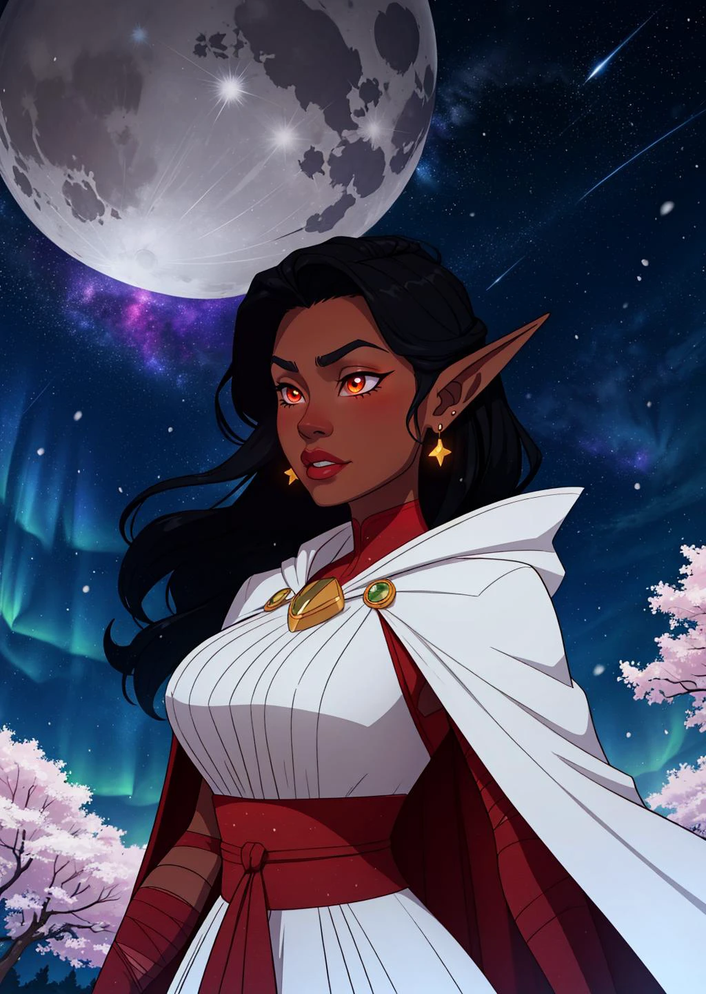 1girl, bandaged arm, bandages, black hair, glowing eyes, breasts, cape, earrings, dark elf, jewelry, long hair, large breasts, pointy ears, solo, dark skin, dark-skinned female,
masterpiece, best quality, digital art, <lora:backlight_slider_v10:-1>
1girl, aurora, cherry blossoms, constellation, crescent moon, galaxy, light particles, milky way, moon, night, night sky, petals, scenery, shooting star, sky, snowing, space, star \(sky\), starry sky, starry sky print, tanabata, tree