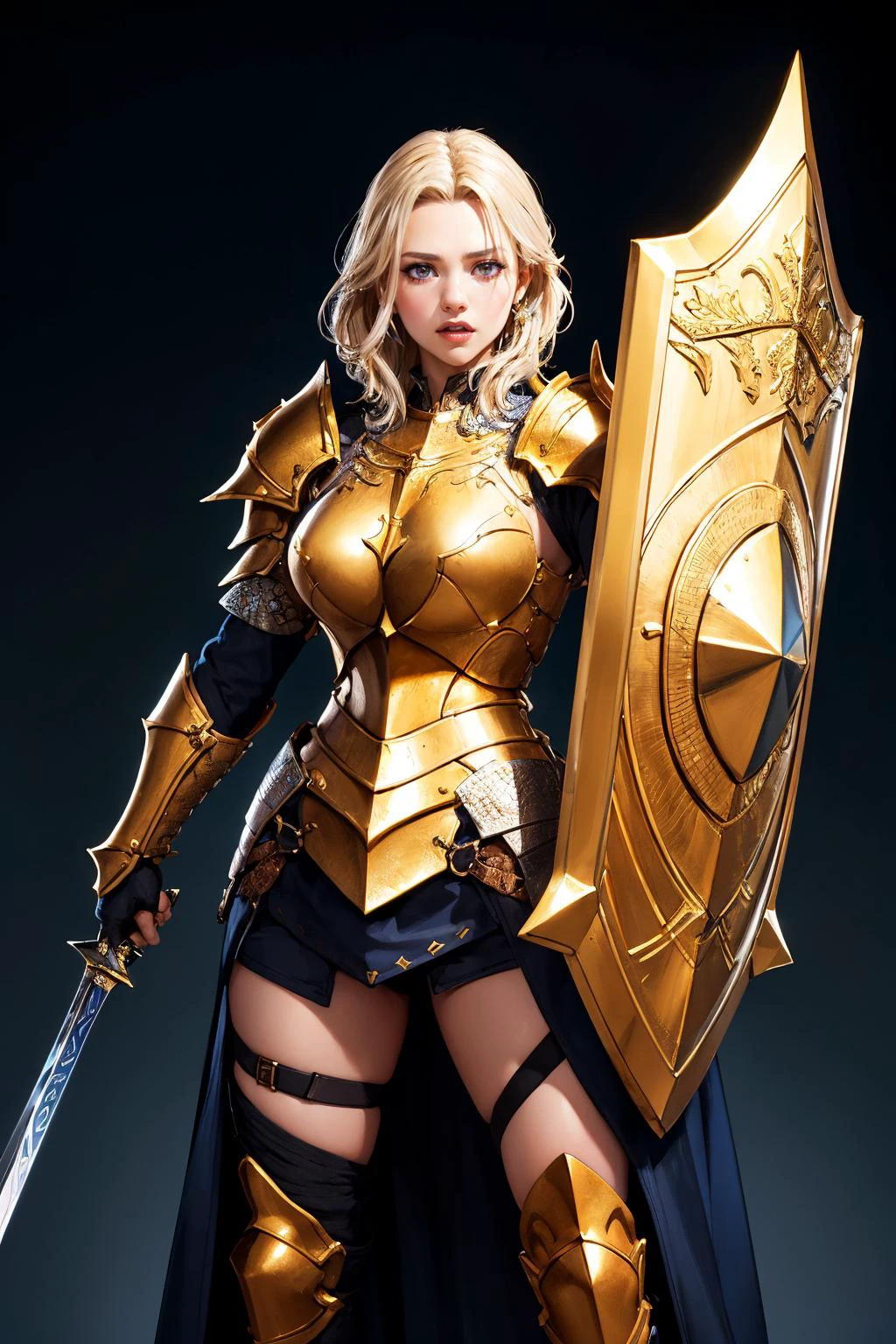 an illustration of a female paladin adorned in holy armor, wielding a holy shield, closed mouth, spiked armor, gold trim, standing, majestic b
masterpiece, best quality, intricate detail, high background detail, high contrast, <lora:emotion_angry_slider_v1:1> raytracing, <lora:backlight_slider_v10:1> <lora:contrast_slider_v10:2>