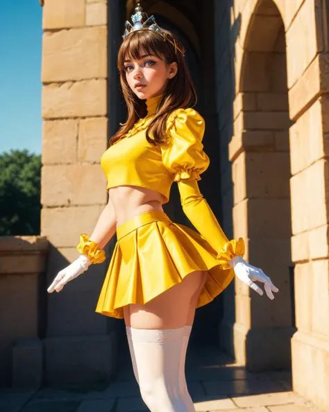 masterpiece,best quality, 1girl, cowboy shot, yellow top with puffed sleeves and an orange skirt, white gloves, yellow shoes, and a crown with orange detailing, bangs, castle, luxurious, dusk,  thighhighs,
<lora:filmgrain_slider_v1:2.5> More Grainy,  <lora:backlight_slider_v10:1.5> ,