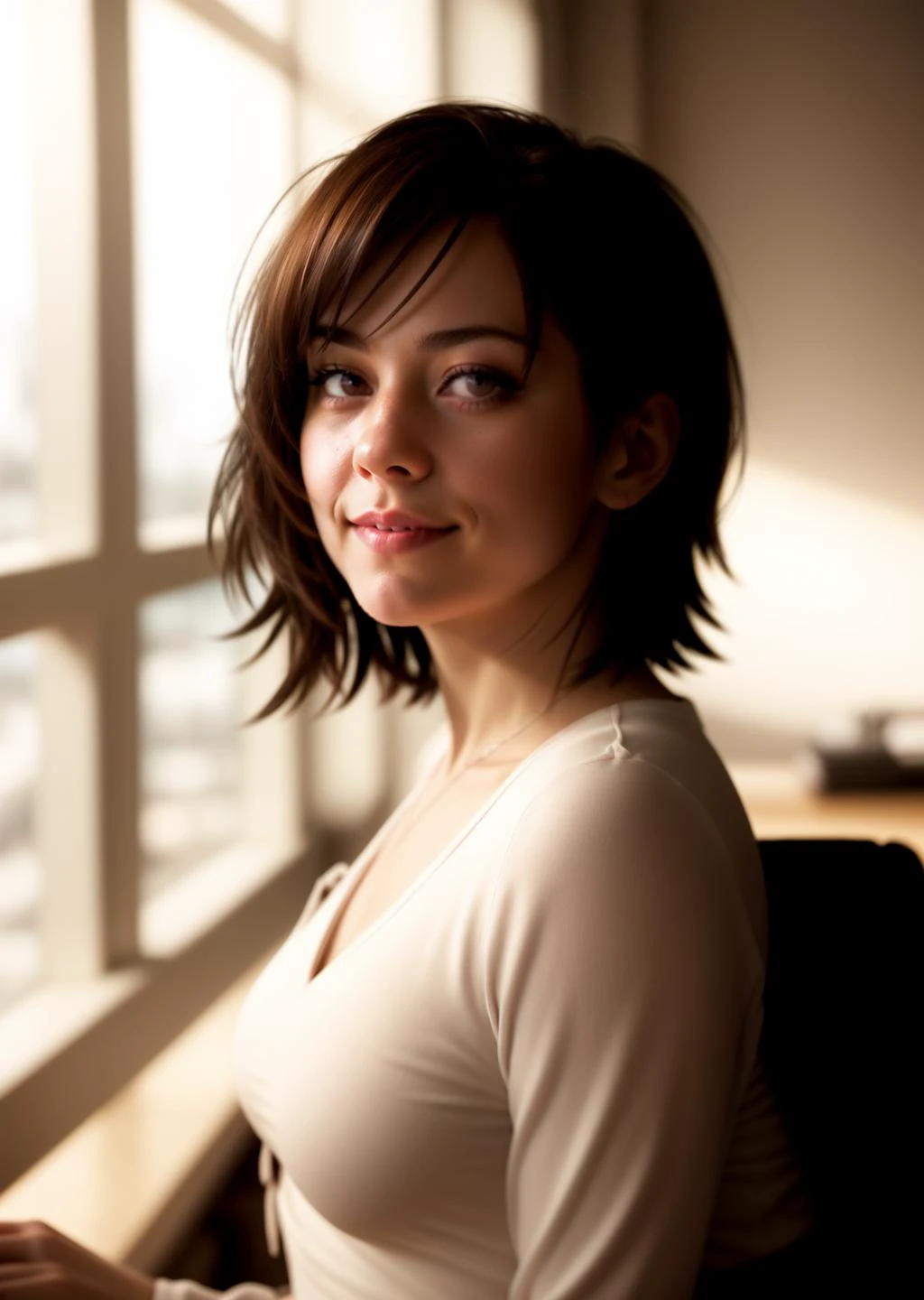 DEN_melkorMK2, 1girl, bangs, blurry, blurry background, brown hair, depth of field, indoors, lips, looking at viewer, photorealistic, realistic, short hair, solo, upper body, long sleeves, serious, facing viewer, (nose:1.5), wavy hair, office lady, light smile,
masterpiece, best quality, cinematic photo {prompt} . 35mm photograph, film, bokeh, professional, 4k, highly detailed, <lora:epiCRealismHelper:1> <lora:epiC35mm:1> epiC35mm <lora:add_sharpness:1> <lora:backlight_slider_v10:-0.5> <lora:contrast_slider_v10:2>, high contrast,