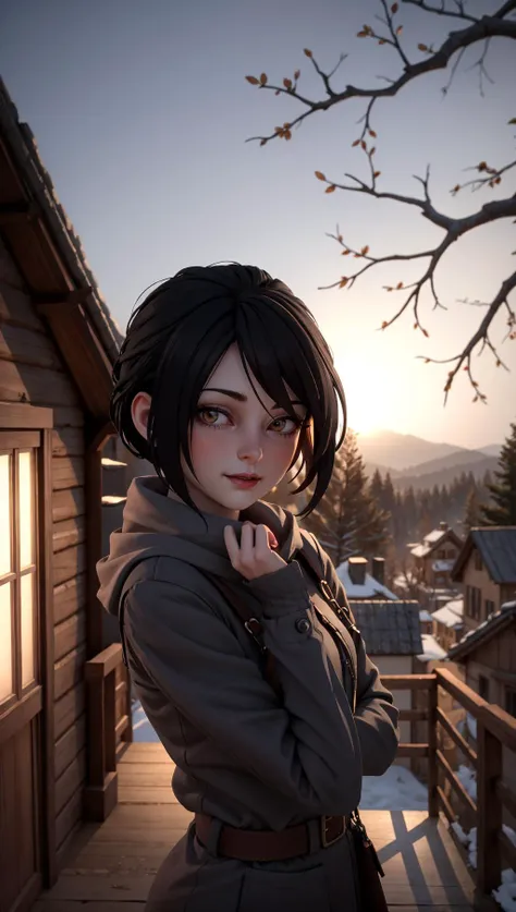 <lora:MorriganDA:0.67>, 1girl, bare tree, black hair, branch, bare tree, forest, in tree, nature,  outdoors,  solo, tree, winter, horizon, pose, light smile, wooden house, 
masterpiece, best quality, digital art, 3d, 3d background,  <lora:backlight_slider_v10:-1>