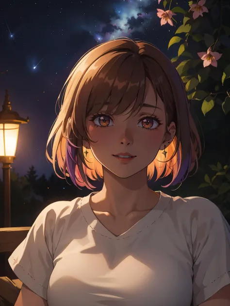 (best quality, masterpiece, colorful, highest detailed), 1girl, bangs, brown eyes, depth of field, ear piercing, lips, looking at viewer, smile, shirt, short hair, constellation, fireflies, flower, galaxy, lamppost, lantern, light, light particles, milky way, moon, night, night sky, outdoors, scenery, shooting star, sky, starry sky, lounge chair, sitting, tree, , (colorful background:1.3), (intricate details), (dynamic angle) <lora:backlight_slider_v10:-1.8>