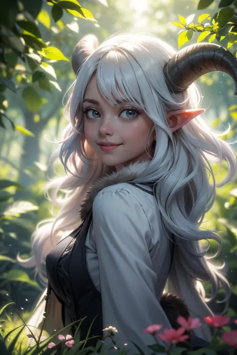 (best quality, masterpiece, colorful, highest detailed), dynamic pose, pose <lora:backlight_slider_v10:-1>
1girl, ((upper body)), smile, closed mouth,  looking to the side, standing, arms at sides,  ,  fur trim, horns, light particles, light rays,   long hair, pointy ears, demon girl,   solo, white hair, long bangs,  path, 
bush,   field, flower, forest, grass, mushroom, nature,  outdoors, path, plant, rock, scenery, tree,  vines
(ultra-detailed body),  (beautiful background:1.3), (intricate details), (dynamic angle)
