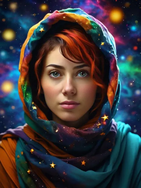 beautiful (afghan woman) in space, galaxy, waist up shot, colorful, stars, nebula, artistic, piercing eyes, (headscarf), masterpiece, 4k <lora:afghanwoman_lora_sdxl:0.9>