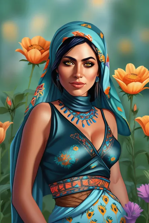 colorful illustration of a beautiful afghan woman standing in pose, painting, headscarf, piercing eyes, flowers, bokeh <lora:afghanwoman_lora_sdxl:1>