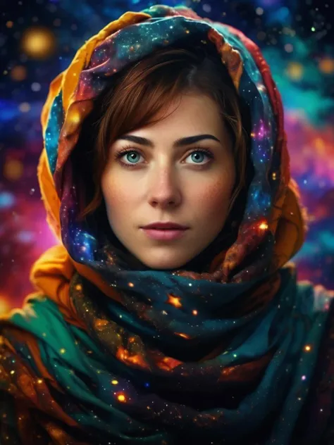 beautiful (afghan woman) in space, galaxy, waist up shot, colorful, stars, nebula, artistic, piercing eyes, (headscarf), masterpiece, 4k <lora:afghanwoman_lora_sdxl:0.9>