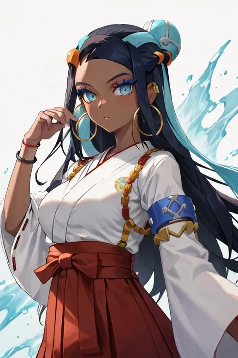 best quality, masterpiece, highres, solo, {white kimono:1.35}, {red hakama:1.35}, {wide sleeves:1.20}, {nessa_pokemon:1.15}, dark-skinned_female, dark_skin, multicolored_hair, two-tone_hair, long_hair, black_hair, blue_hair, blue_eyes, jewelry, earrings, makeup, hoop_earrings, hair_bun, eyeshadow, single_hair_bun, necklace, breasts, blue_eyeshadow, armlet, eyelashes