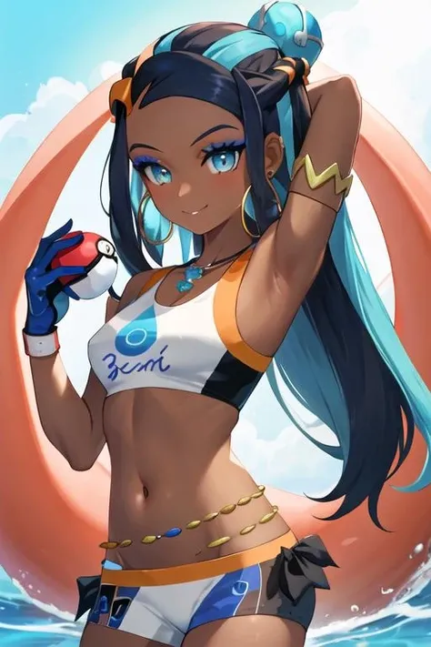 best quality, masterpiece, highres, solo, {nessa_pokemon:1.15}, dark-skinned_female, dark_skin, multicolored_hair, two-tone_hair, long_hair, black_hair, blue_hair, blue_eyes, jewelry, earrings, makeup, hoop_earrings, hair_bun, eyeshadow, single_hair_bun, necklace, breasts, blue_eyeshadow, armlet, eyelashes, 1girl, belly_chain, bikini, crop_top, gloves, holding, holding_poke_ball, midriff, navel, poke_ball, poke_ball_\(basic\), single_glove, swimsuit, looking_at_viewer, smile, tankini