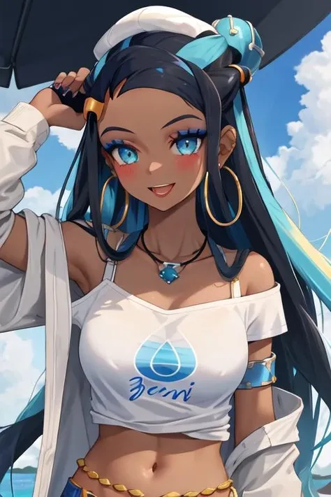 best quality, masterpiece, highres, solo, {nessa_pokemon:1.15}, dark-skinned_female, dark_skin, multicolored_hair, two-tone_hair, long_hair, black_hair, blue_hair, blue_eyes, jewelry, earrings, makeup, hoop_earrings, hair_bun, eyeshadow, single_hair_bun, necklace, , blue_eyeshadow, armlet, eyelashes, 1girl, :d, blush, collarbone, grey_headwear, hat, open_mouth, sidelocks, smile, tongue, off-shoulder_shirt, off_shoulder, shirt, alternate_costume, hand_on_headwear, looking_at_viewer, nail_polish, teeth, upper_teeth_only