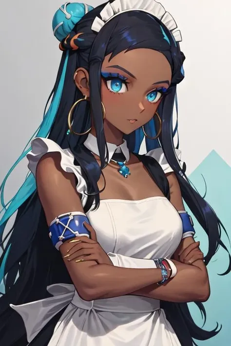 best quality, masterpiece, highres, solo, {maid:1.40}, {long maid dress:1.15}, {nessa_pokemon:1.15}, dark-skinned_female, dark_skin, multicolored_hair, two-tone_hair, long_hair, black_hair, blue_hair, blue_eyes, jewelry, earrings, makeup, hoop_earrings, hair_bun, eyeshadow, single_hair_bun, necklace, breasts, blue_eyeshadow, armlet, eyelashes