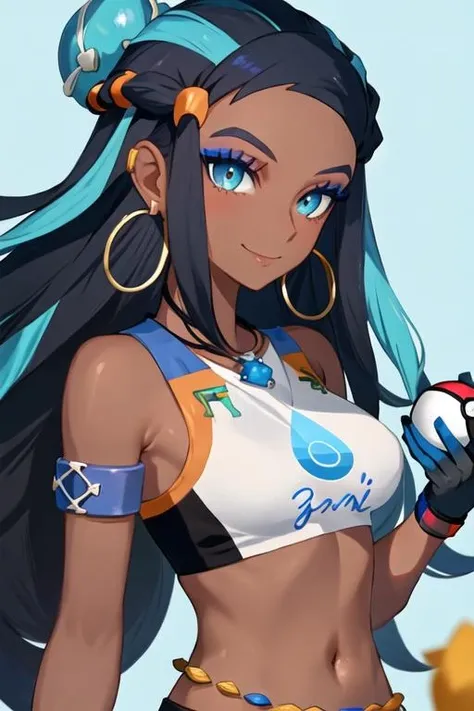 best quality, masterpiece, highres, solo, {nessa_pokemon:1.15}, dark-skinned_female, dark_skin, multicolored_hair, two-tone_hair, long_hair, black_hair, blue_hair, blue_eyes, jewelry, earrings, makeup, hoop_earrings, hair_bun, eyeshadow, single_hair_bun, necklace, , blue_eyeshadow, armlet, eyelashes, 1girl, gloves, holding, holding_poke_ball, looking_at_viewer, partially_fingerless_gloves, poke_ball, poke_ball_\(basic\), single_glove, upper_body, closed_mouth, smile, dynamax_band