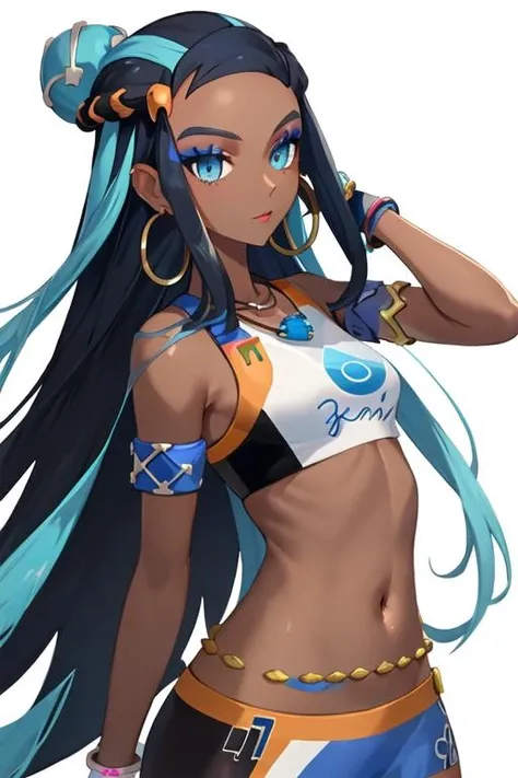 best quality, masterpiece, highres, solo, {nessa_pokemon:1.15}, dark-skinned_female, dark_skin, multicolored_hair, two-tone_hair, long_hair, black_hair, blue_hair, blue_eyes, jewelry, earrings, makeup, hoop_earrings, hair_bun, eyeshadow, single_hair_bun, necklace, breasts, blue_eyeshadow, armlet, eyelashes, 1girl, belly_chain, crop_top, midriff, navel, looking_at_viewer, floating_hair, gloves, white_background