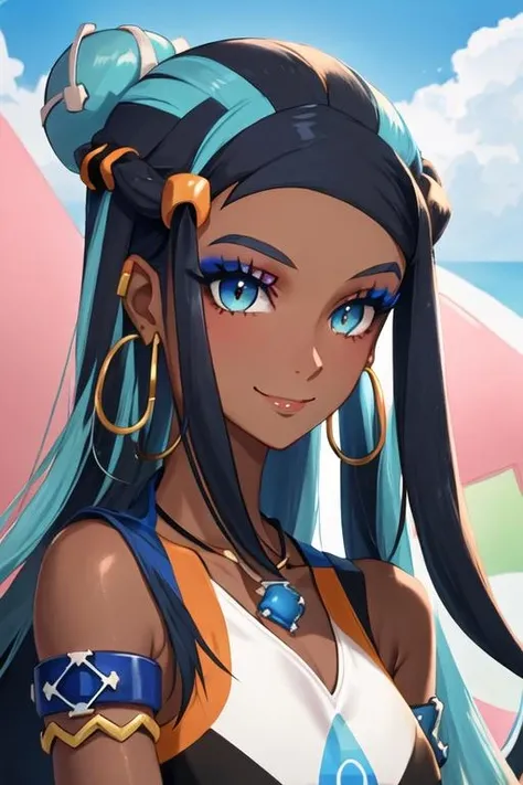 best quality, masterpiece, highres, solo, {nessa_pokemon:1.15}, dark-skinned_female, dark_skin, multicolored_hair, two-tone_hair, long_hair, black_hair, blue_hair, blue_eyes, jewelry, earrings, makeup, hoop_earrings, hair_bun, eyeshadow, single_hair_bun, necklace, breasts, blue_eyeshadow, armlet, eyelashes, 1girl, bare_shoulders, closed_mouth, looking_at_viewer, portrait, smile