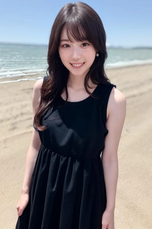1girl, (wearing a sleeveless dress:1.6),(RAW photo, best quality), (realistic, photo-realistic:1.4), masterpiece, an extremely delicate and beautiful, extremely detailed, 2k wallpaper, Amazing, finely detail, extremely detailed CG unity 8k wallpaper, ultra-detailed, highres, soft light, beautiful detailed girl, extremely detailed eyes and face, beautiful detailed nose, beautiful detailed eyes,cinematic lighting,(on the beach:1.8),perfect anatomy,slender body,(smile:1.4),(young girl:1.4),(close up:1.2),(look at viewer:1.4),(front view:2.0),cinematic angle,(wavy long hair:1.2),standing,(cleavage:1.2), <lora:umezawamegu_lora-01:0.8>