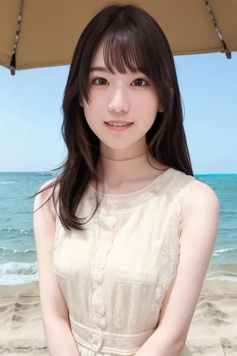 realistic portrait, detailed eyes, detailed face, white bikini, smile for camera, dynamic pose in beach, blue ocean, white sand , blue sky, palm trees,