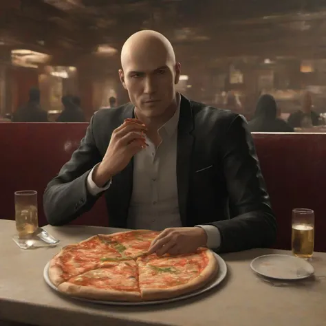 masterpiece,high quality,
 <lora:PE_Hitman47:0.8>  PEHitman,
eating pizza,sitting inside restaurant