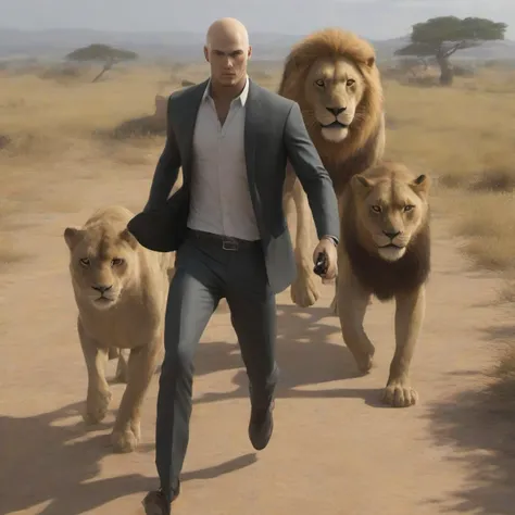 masterpiece,high quality,
<lora:PE_Hitman47:0.8> PEHitman,
taking a selfie,running away from lion