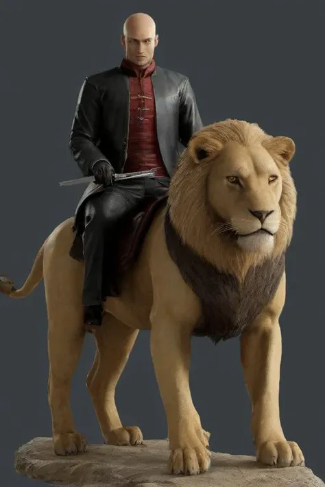 masterpiece,high quality,
<lora:PE_Hitman47:0.8> PEHitman,
riding a lion,sitting on a lion