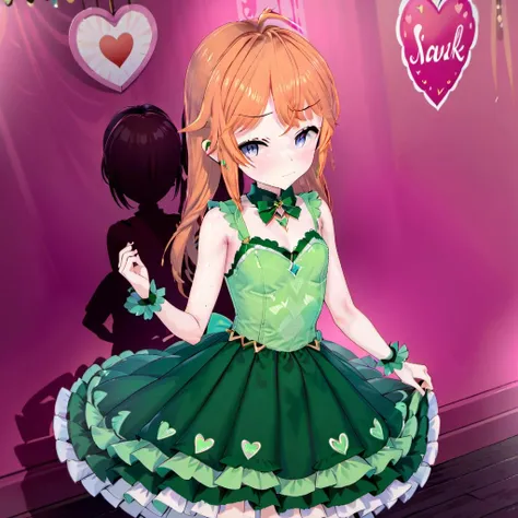 <lora:Molly_MacCormack:1>,  <lora:xl_idol_dress-2.0:1>,   <lora:DetailedEyes_V3:1>, minimalist, flat, 1girl, Molly MacCormack in a green idol dress, (smile:1.3), closed mouth, (wink:1.5), double V, in front of a simple pink heart background,