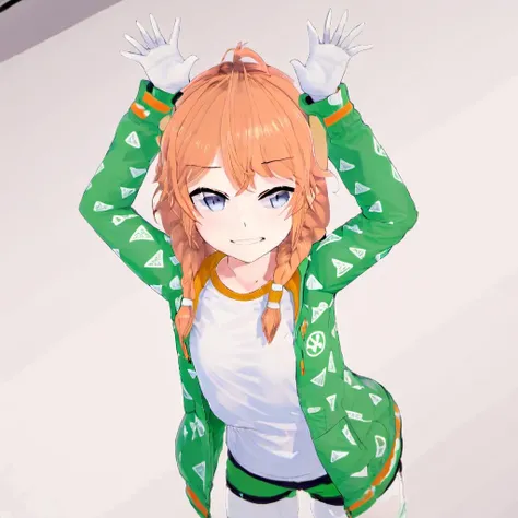 1girl, Molly MacCormack, shorts, green jacket, hands over head, white background, jacket, thighhighs, ahoge, white shirt, shirt, looking at viewer, eye contact, long sleeves, (smile:1.5), happy, bangs, standing, braid, closed mouth, white thighhighs, open clothes, <lora:Molly_MacCormack:1>