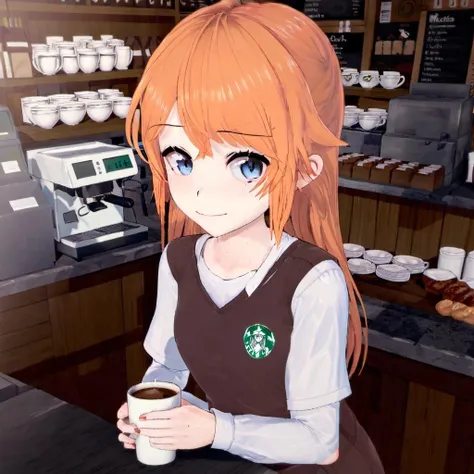 1girl, Molly MacCormack in a coffee shop, wearing a barista uniform, looking at viewer, eye contact, smile, smug, <lora:Molly_MacCormack:1>