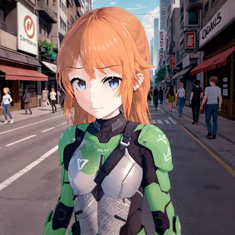 1girl, Molly MacCormack wearing futuristic body armor, standing on a busy city street, looking at viewer, eye contact, (smirk:1.5), playful, <lora:Molly_MacCormack:1>