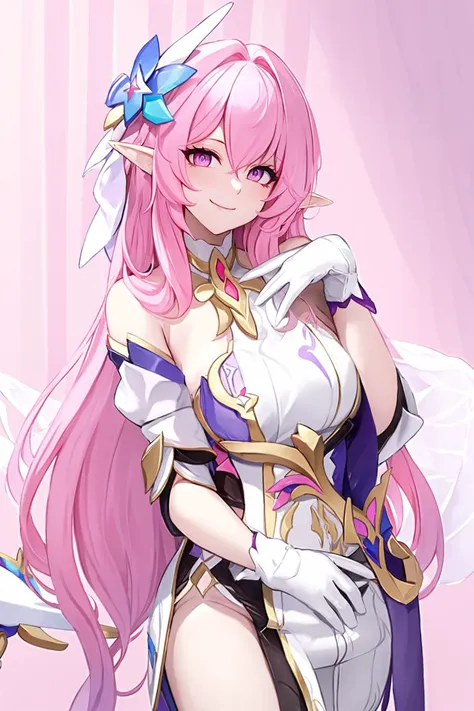 <lora:ç±è:0.75>,elysia cosplay,pink hair,long hair,dress,white dress,bare shoulders,elysia \(honkai impact\),gloves,white gloves,bangs,bar censor,hair ornament,censored,elf,pink eyes,light smile,fantasy,indoors,pink background,, 1girl,
,  (masterpiece,best quality:1.2),absurdres