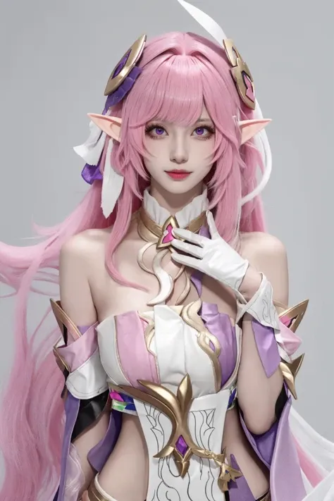 <lora:ç±è:0.75>,elysia cosplay,pink hair,long hair,dress,white dress,bare shoulders,elysia \(honkai impact\),gloves,white gloves,bangs,bar censor,hair ornament,censored,elf,pink eyes,, 1girl,
,  (masterpiece,best quality:1.2),absurdres