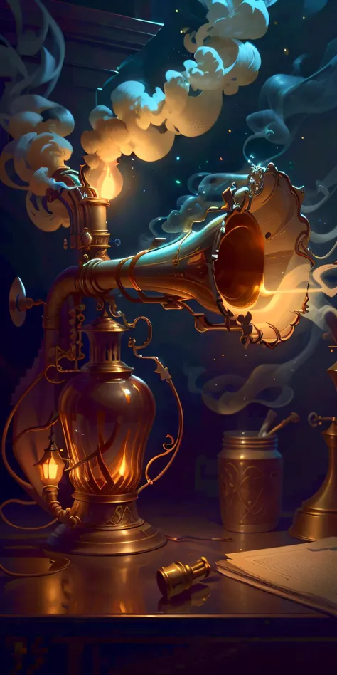<lora:GasLampFantasyAI:.9> GasLampFantasyAI, trumpet and a complicate transparent jar, smoke, intricate detail, ultra detailed, Hyperrealistic, sharp focus, octane render
