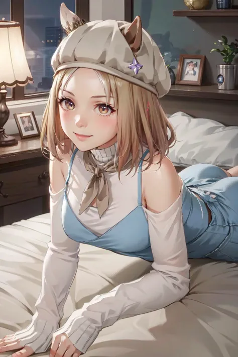 (masterpiece, best quality, ultra detailed), (perfect face, detailed face), (detailed background, complex background:1.2), full-face blush, smile, happy,
<lora:narita_top_road_(umamusume):1> bbtopro,yellow eyes,horse ears,ears through headwear,hat,medium hair,parted bangs,neckerchief,shirt,white shirt,turtleneck,blue dress,long sleeves,belt,shorts,boots,
(indoors, office, standing, (lying on bed:1.5), (cowboy shot:1.5) light lamp, night, seductive smile, invite)