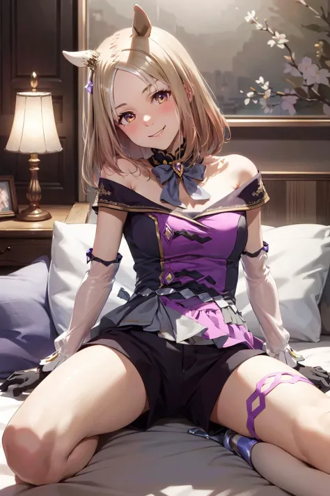 (masterpiece, best quality, ultra detailed), (perfect face, detailed face), (detailed background, complex background:1.2), full-face blush, smile, happy, (spread legs:1.5),
<lora:narita_top_road_(umamusume):1> aatopro,yellow eyes,horse ears,medium hair,parted bangs,bowtie,purple dress,shirt,long sleeves,see-through,asymmetric gloves,black gloves,white gloves,horse tail,shorts,purple shorts,thigh strap,boots,knee boots,purple footwear,
(indoors, office, standing, (lying on bed:1.5), (cowboy shot:1.5) light lamp, night, seductive smile, invite)