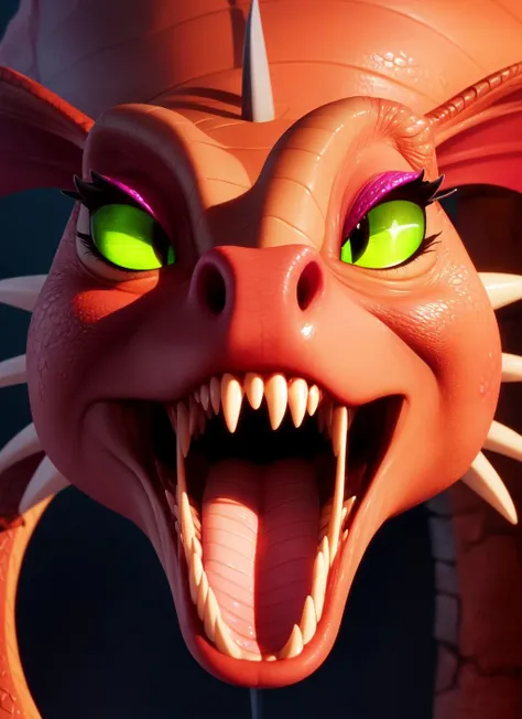 shrekdragon, scalie female anthro, dragon girl, portrait, headshot, close-up, solo, scales, open mouth, sharp teeth, (best quality), (dark dungeon background:1.2), cinematic lighting, looking at viewer, <lora:shrekdragon-v1-locon:1>