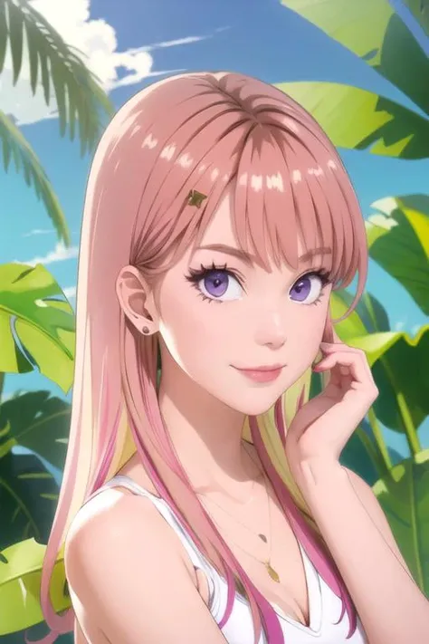 (best quality:1.1), (masterpiece:1.4), illustration, 1girl, solo, , upper body, , anime coloring, , <lora:nikoru_yamana:0.94>, nikoru_yamana, pink hair, purple eyes, , , , earrings, , easter costume, A tropical paradise where the sun shines brightly every day, 2k resolution