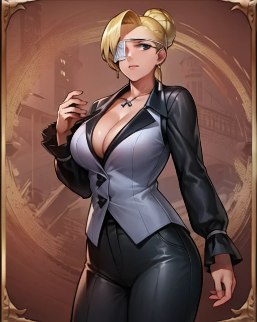 masterpiece, best quality, 1girl, MatureMS, solo, cowboy shot, cleavage, large breasts, black pants, eyepatch, <lora:MatureMS:1>