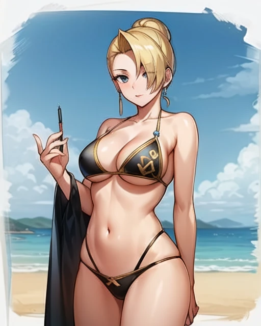 masterpiece, best quality, 1girl, MatureMS, solo, cowboy shot, bikini, beach, outdoors, <lora:MatureMS:1>