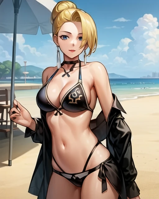 masterpiece, best quality, 1girl, MatureMS, solo, cowboy shot, bikini, beach, outdoors, <lora:MatureMS:1>