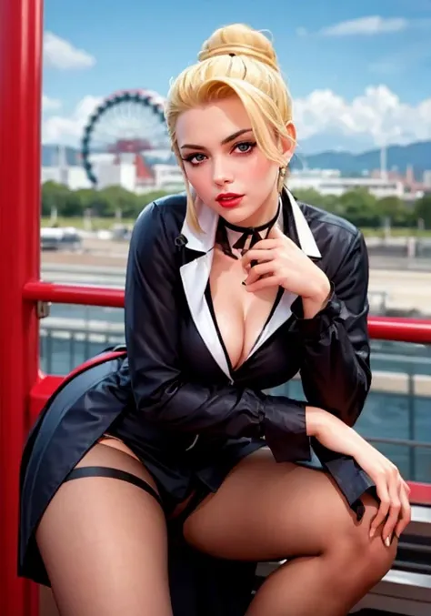 long sleeves,vestthigh strap,blush,( shy,pouty lips:1.2), maturems,pantyhose,skirt,shorts,cleavage,choker, lipstick , pose,
looking at viewer,blue sky,cloud,ferris wheel,best quality, ultra high res, (photorealistic:1.4),  <lora:matureTheKingOf_1_maturems,pantyhose, cleavage, eyepatch (For later looks) , choker , lipstick , skirt , shorts , long sleeves, black pants, vestthigh strap:0.95>