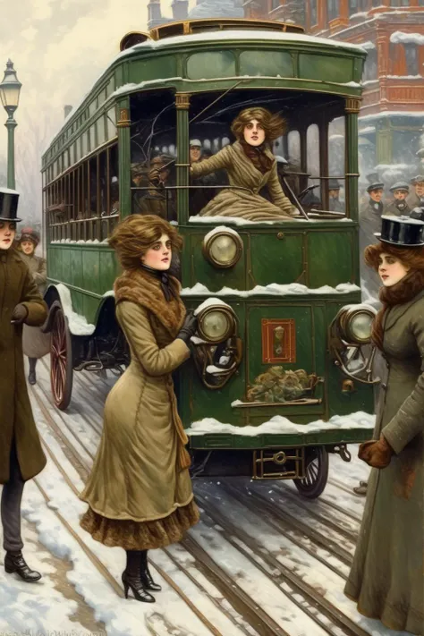 <lora:Paul Gustav Fischer Style:1>Paul Gustav Fischer Style - young Victorian lady crashed on her antique 1912 maxwell motor car into 1910 trolly bus on a busy winter victorian street